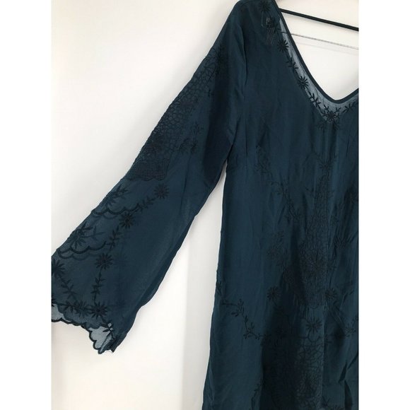 ASTR Teal Green Bell Sleeve Sheer Embroidered Mini Shift Dress S Read - Picture 3 of 8